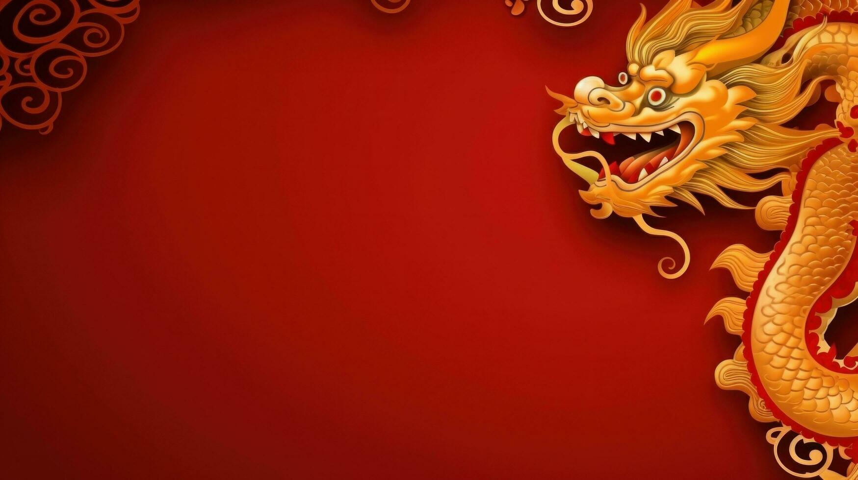 AI generated Chinese holiday background with dragon, dark red and gold, large copyspace area photo