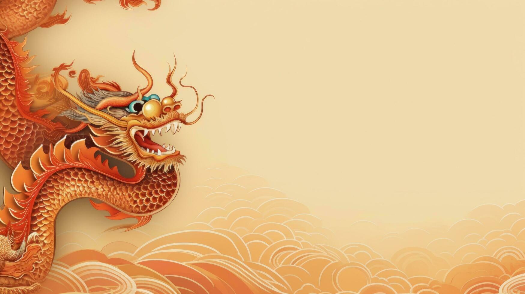 AI generated Chinese holiday background with dragon, dark red and gold, large copyspace area photo