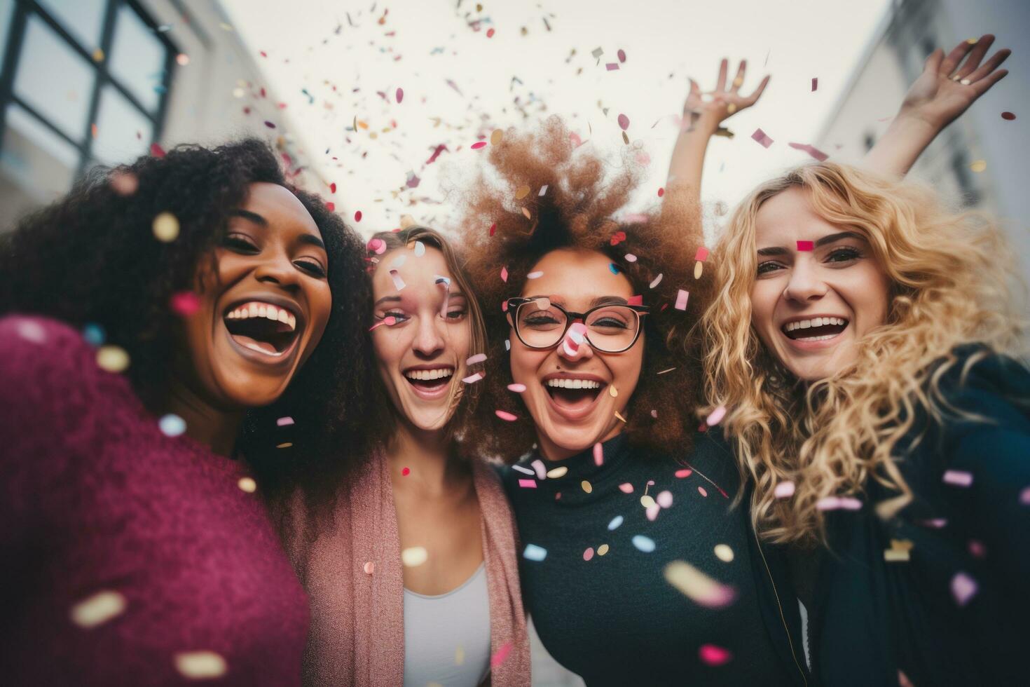 AI generated free image of group of women having fun with confetti, photo