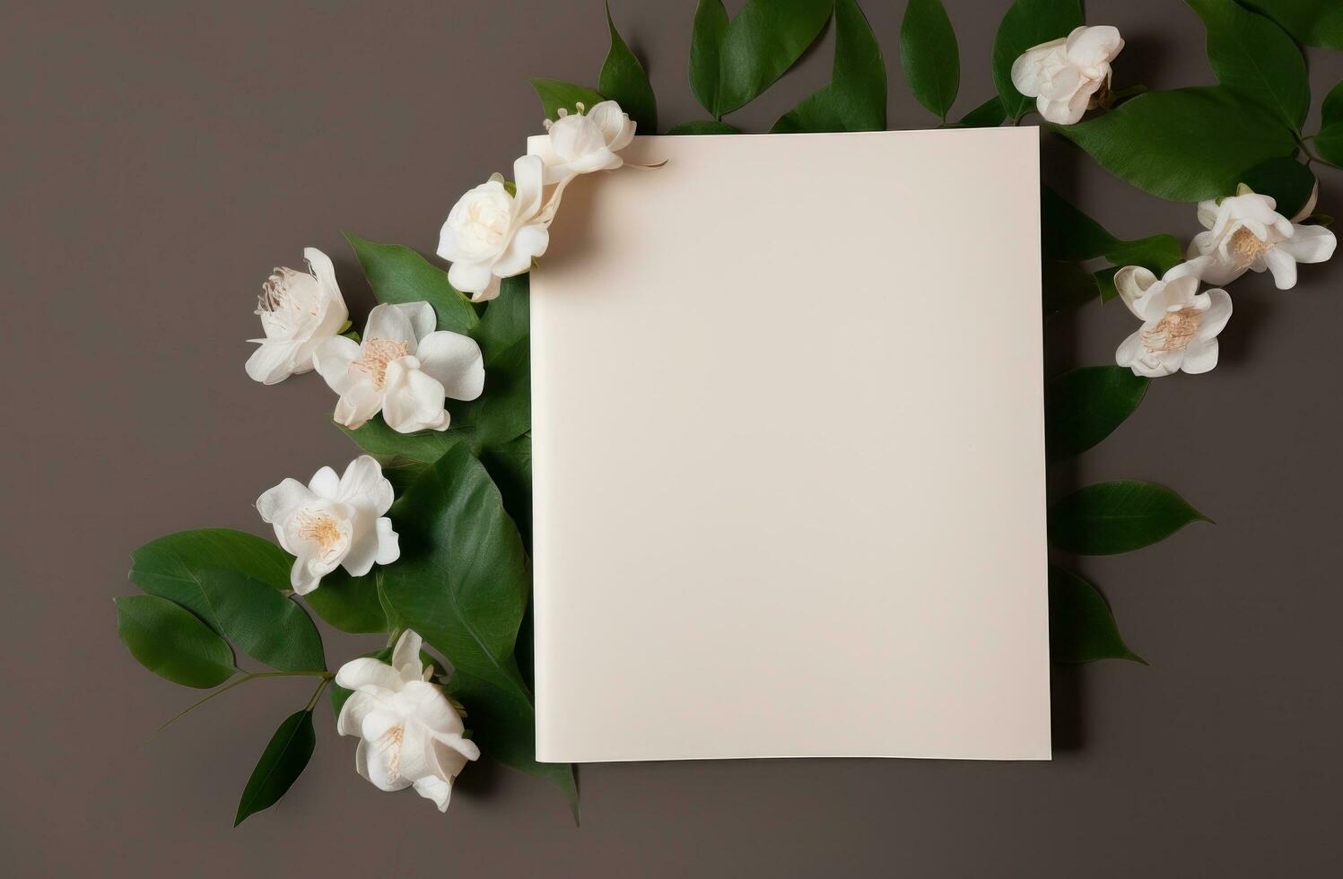 AI generated a white blank book surrounded by green leaves photo