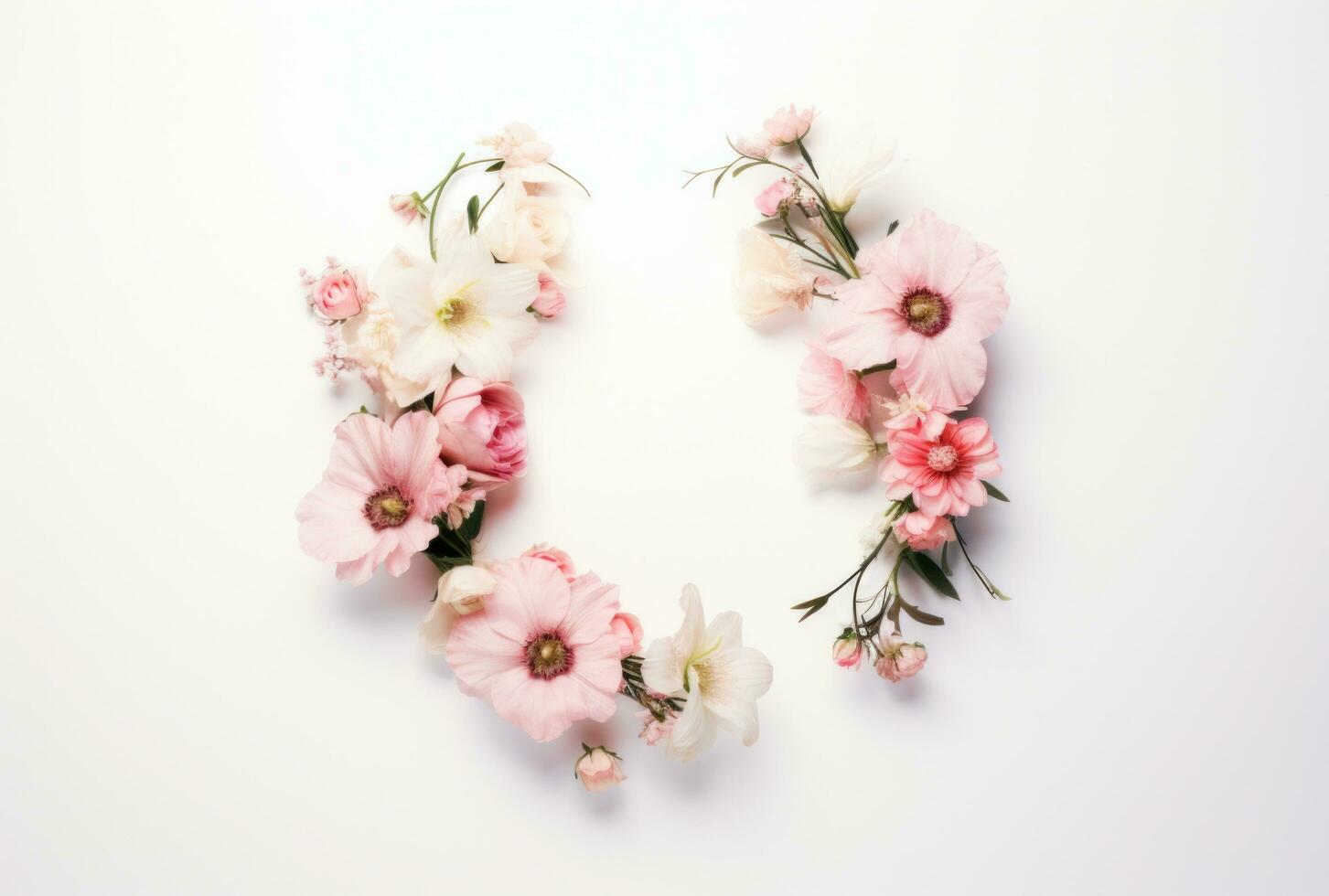 AI generated a white background with flowers and leaves in the shape of a letter o photo