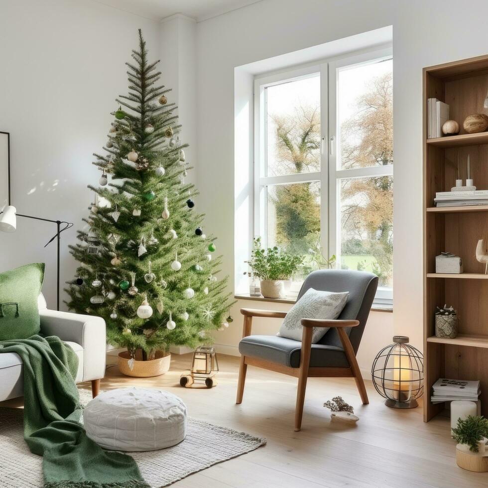 AI generated a living room with a green christmas tree and chairs, photo