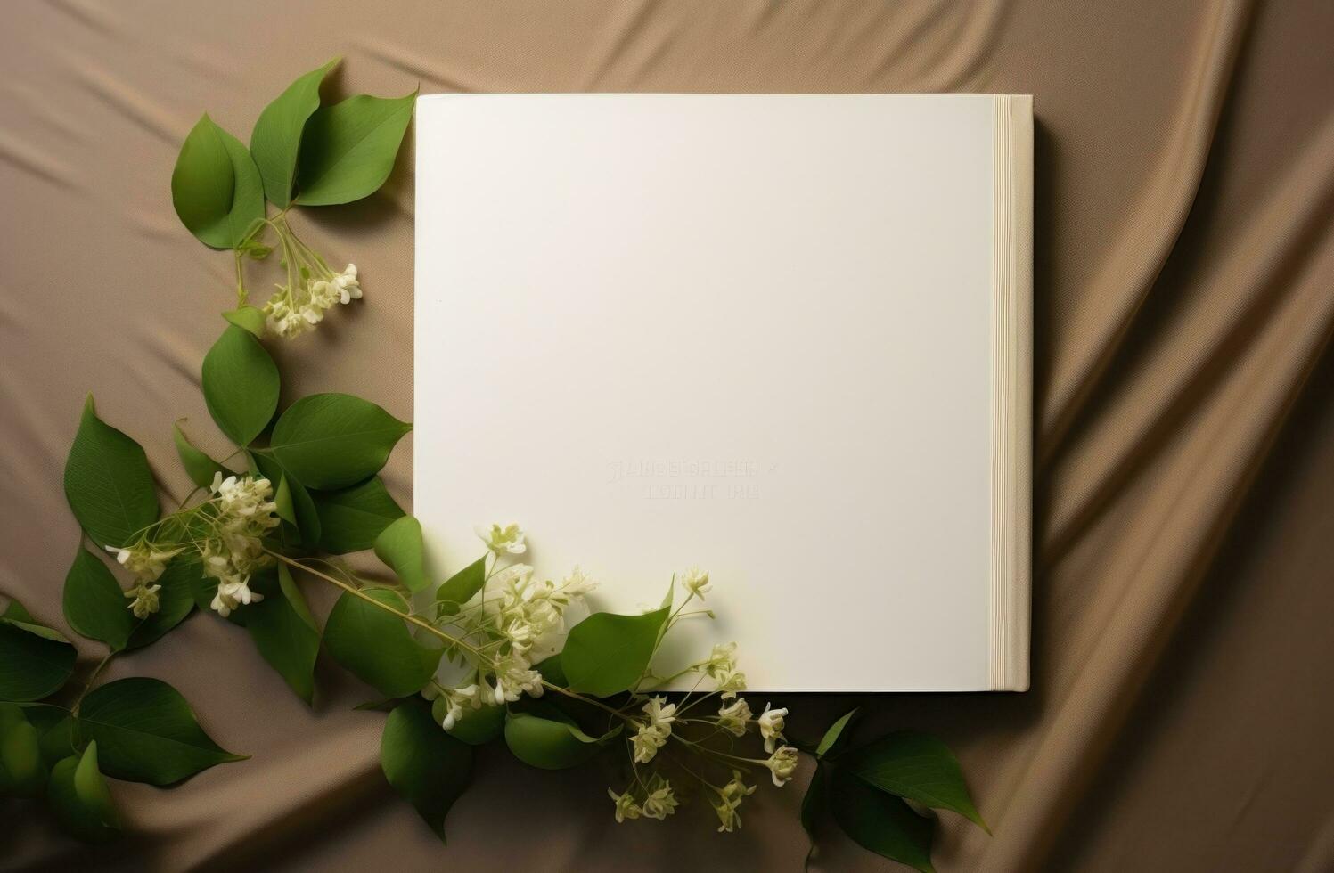 AI generated a white blank book surrounded by green leaves photo