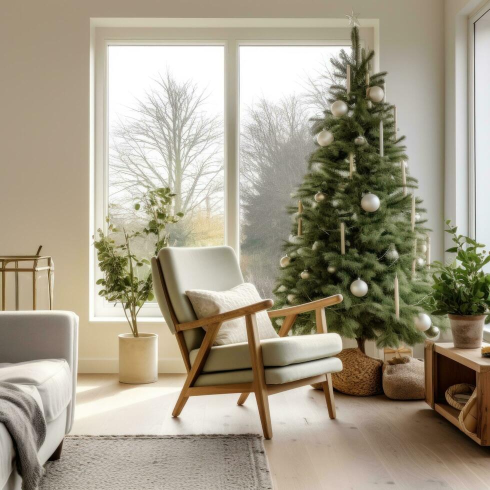 AI generated a living room with a green christmas tree and chairs, photo
