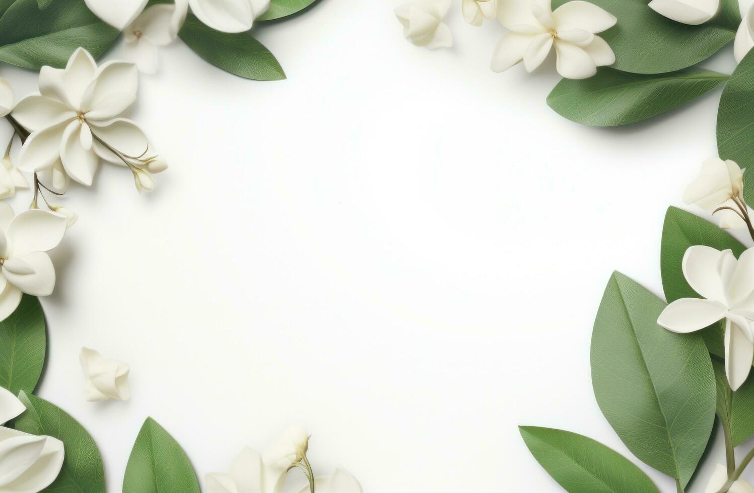 AI generated a white background surrounded by flowers and leaves photo