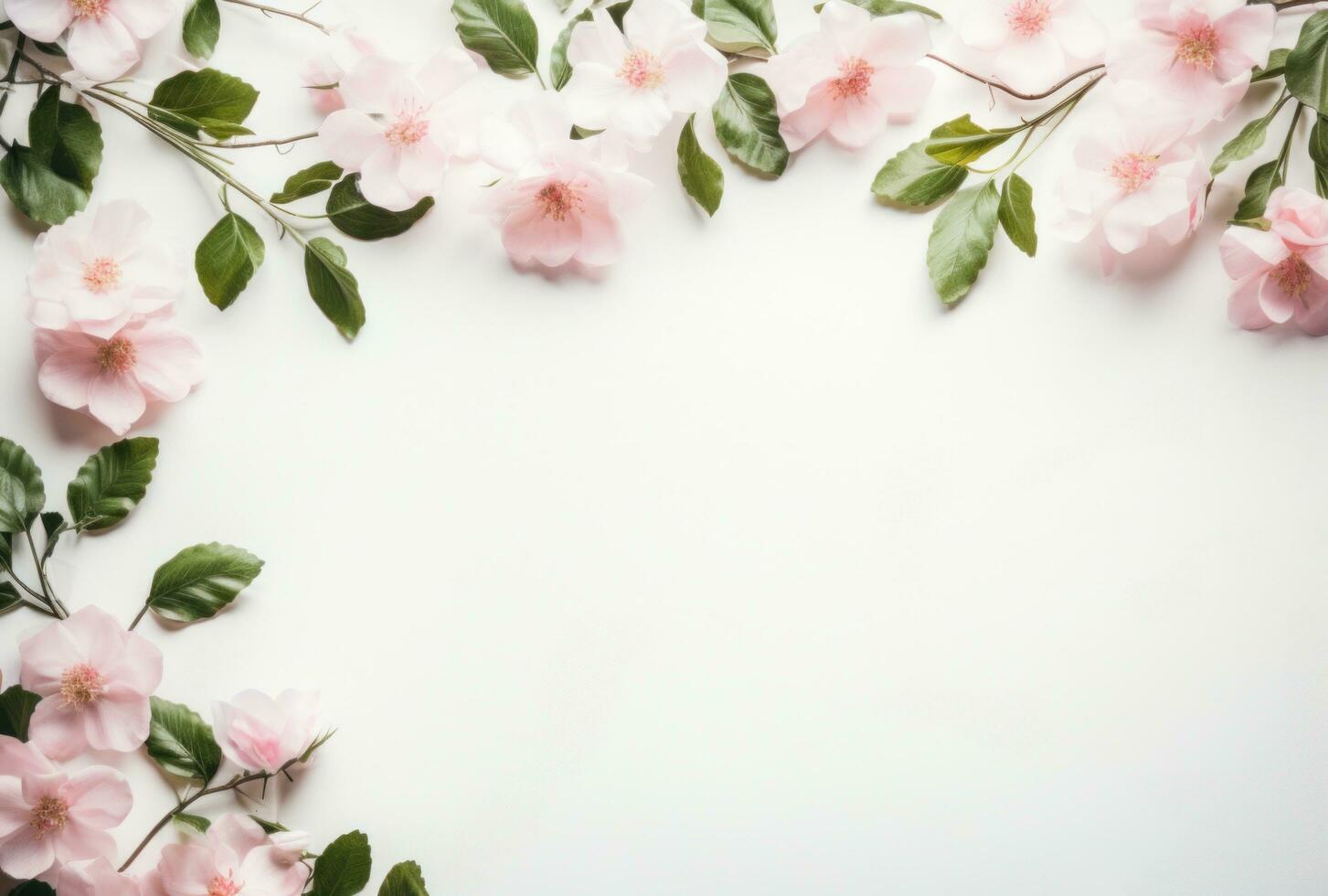 AI generated a floral banner made up of pink flowers and green leaves photo