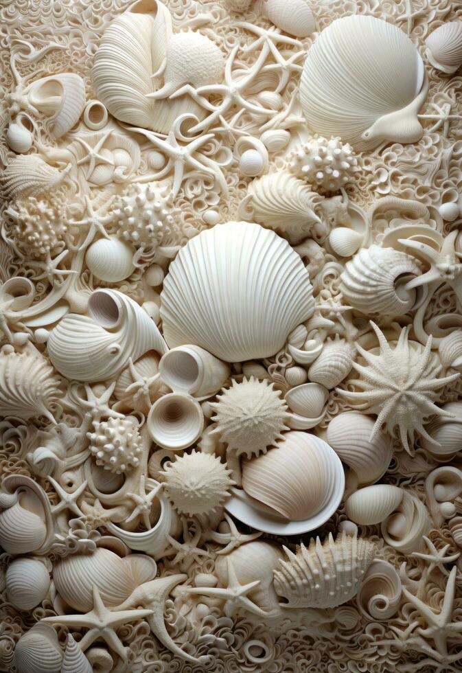 AI generated a big pile of shells on brown wall, photo
