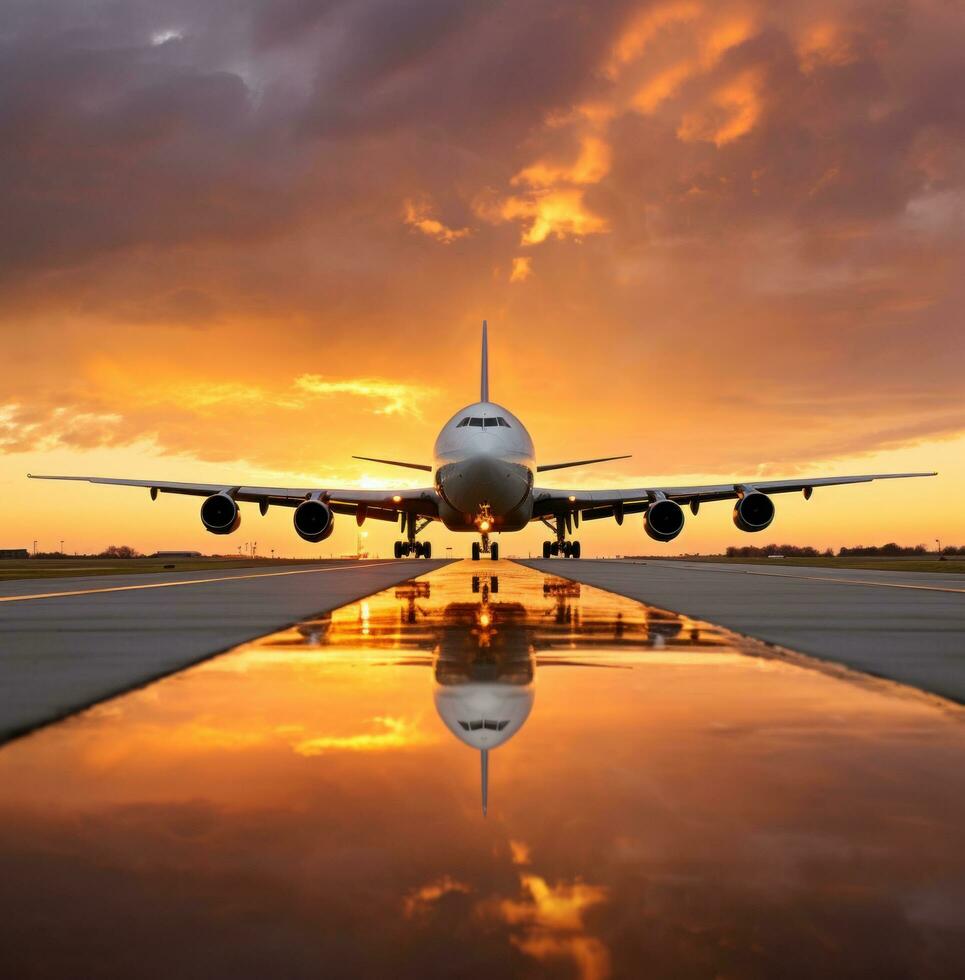 AI generated large jet landing at a runway in a sky that is filled with white clouds with an orange sunset behind it photo