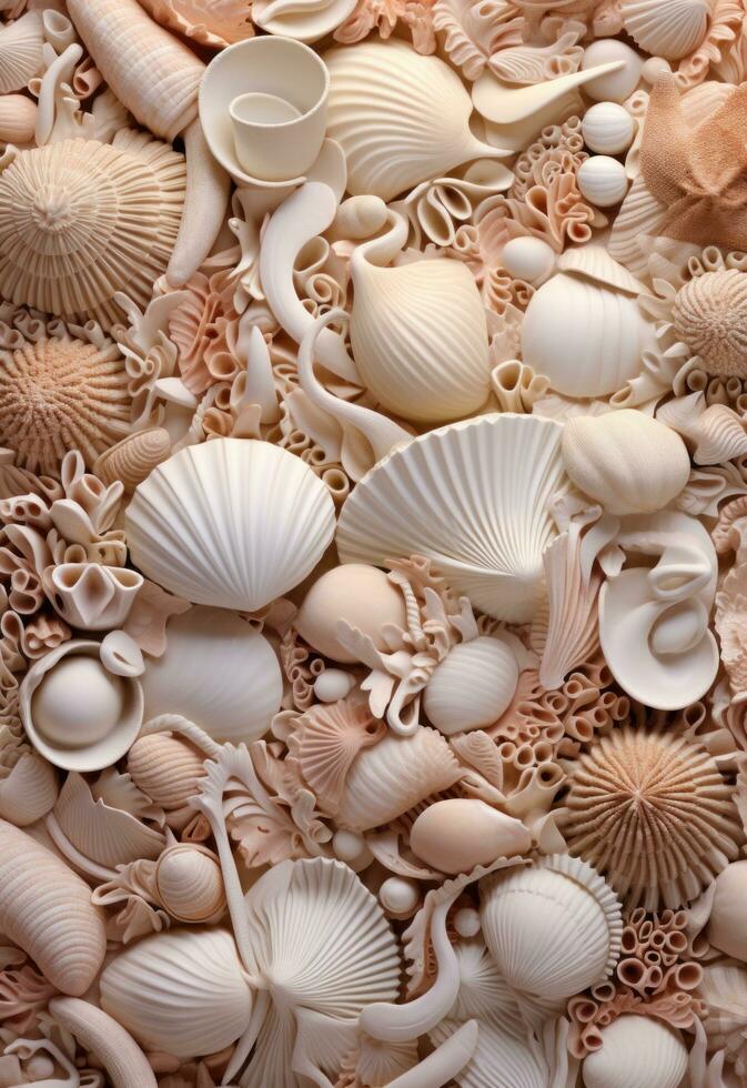 AI generated a big pile of shells on brown wall, photo