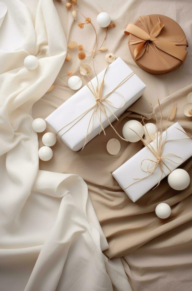 AI generated wrapping gifts and decorative elements on a beige background photo