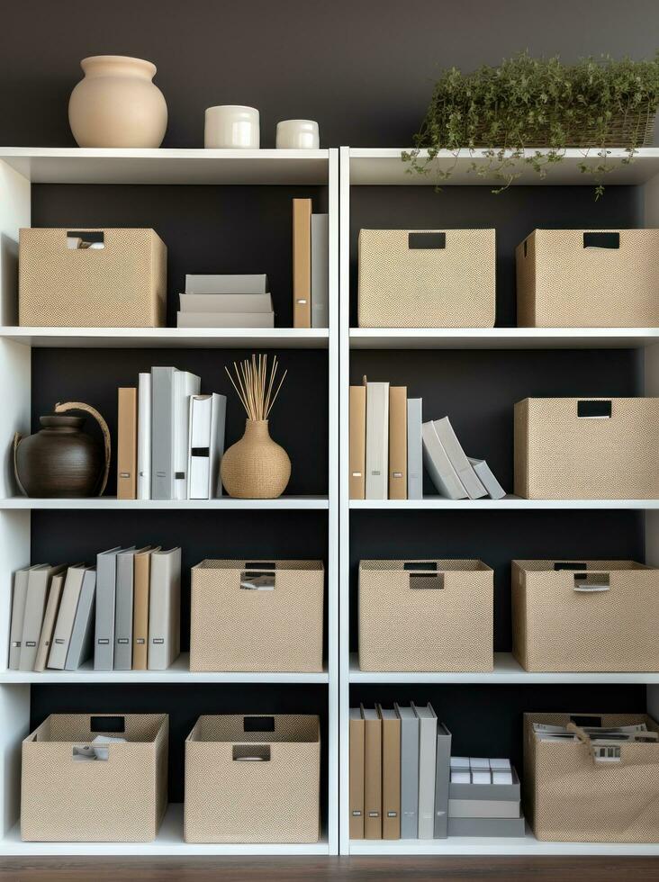 AI generated white shelves contain several containers or storage boxes in different shades photo