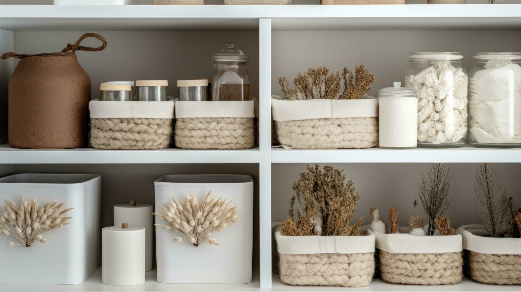 AI generated white shelves contain several containers or storage boxes in different shades photo