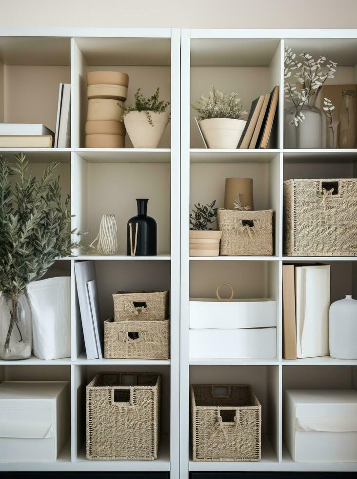 AI generated white shelves contain several containers or storage boxes in different shades photo