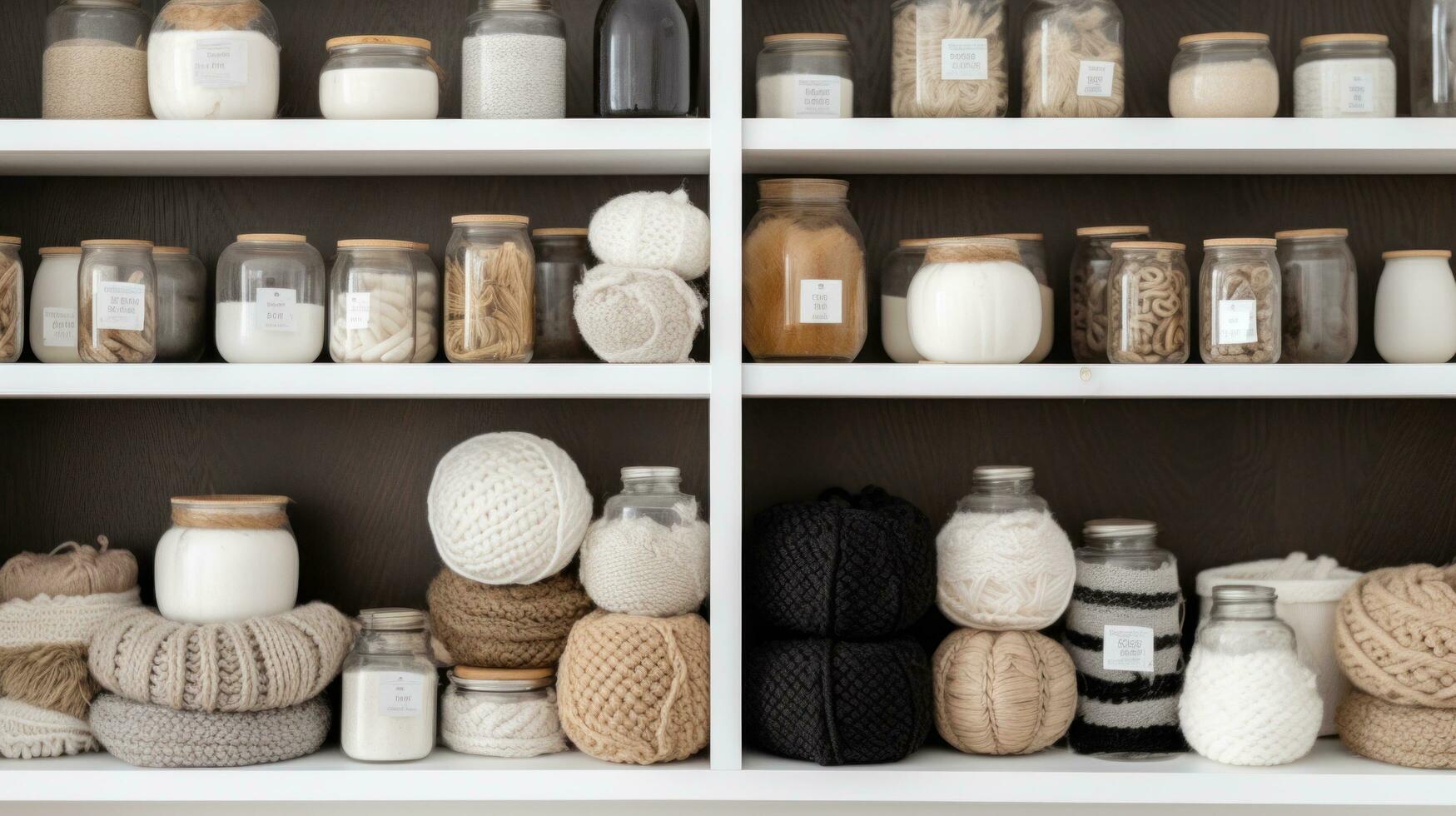 AI generated white shelves contain several containers or storage boxes in different shades photo