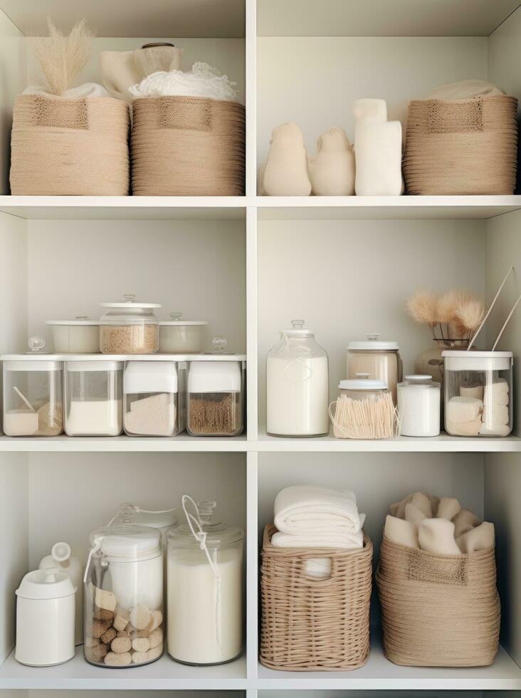 AI generated white shelves contain several containers or storage boxes in different shades photo