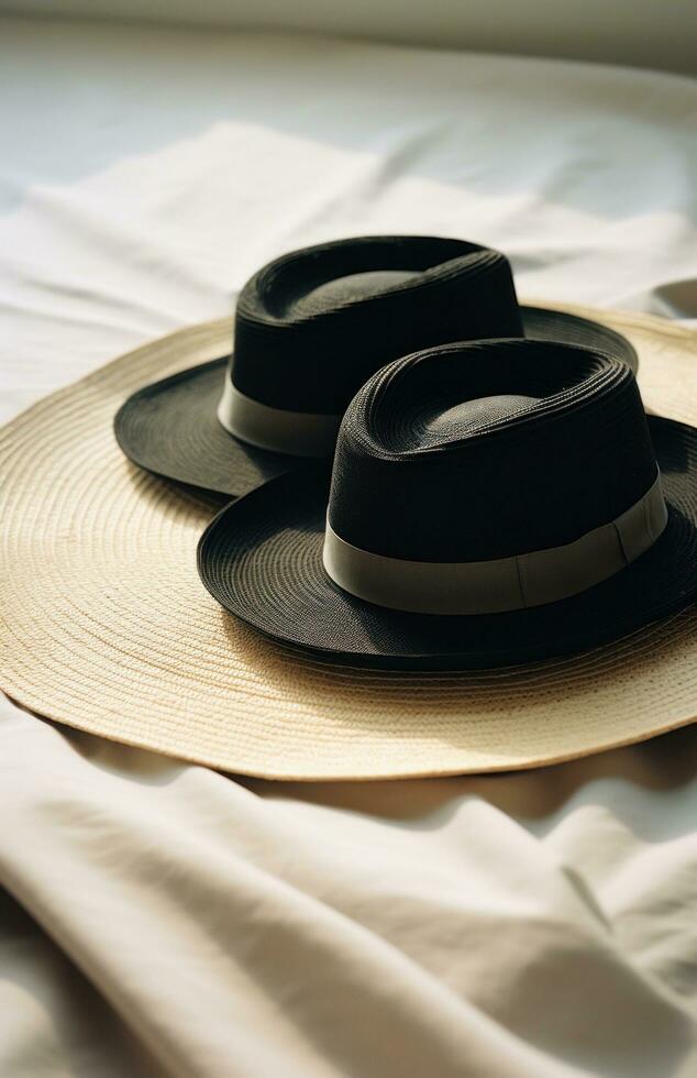 AI generated two straw hats and sunglasses on a white cloth, photo