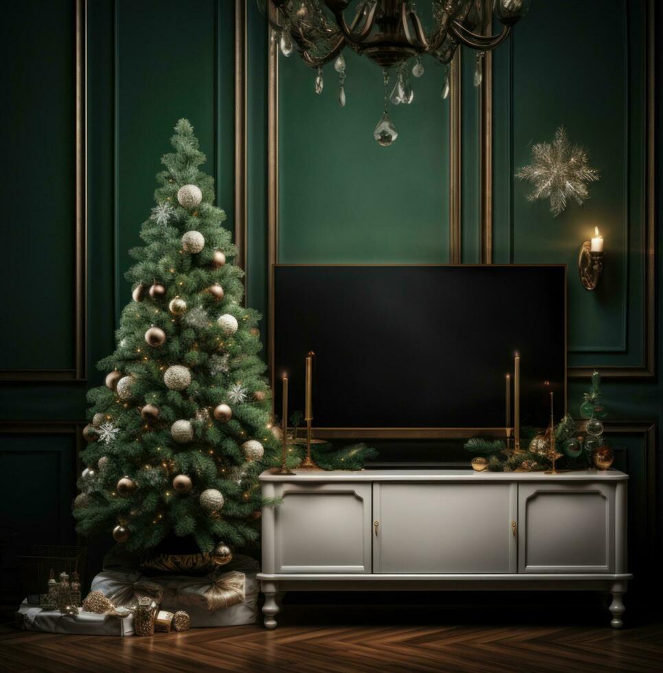 AI generated white christmas tree with small decorations on the floor and tv set photo