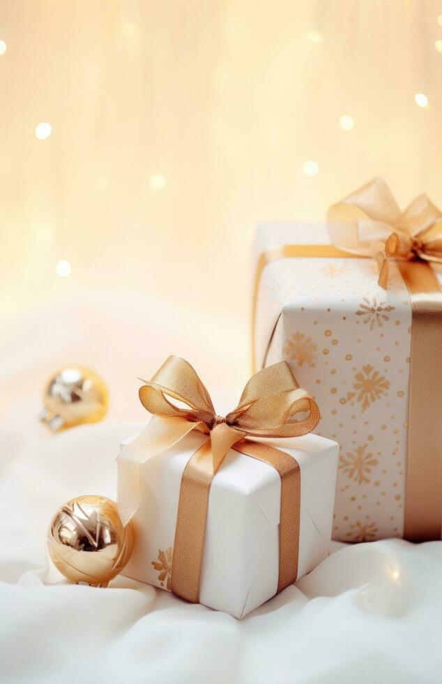 AI generated white christmas decorations and present packaging with ribbon on beige background photo