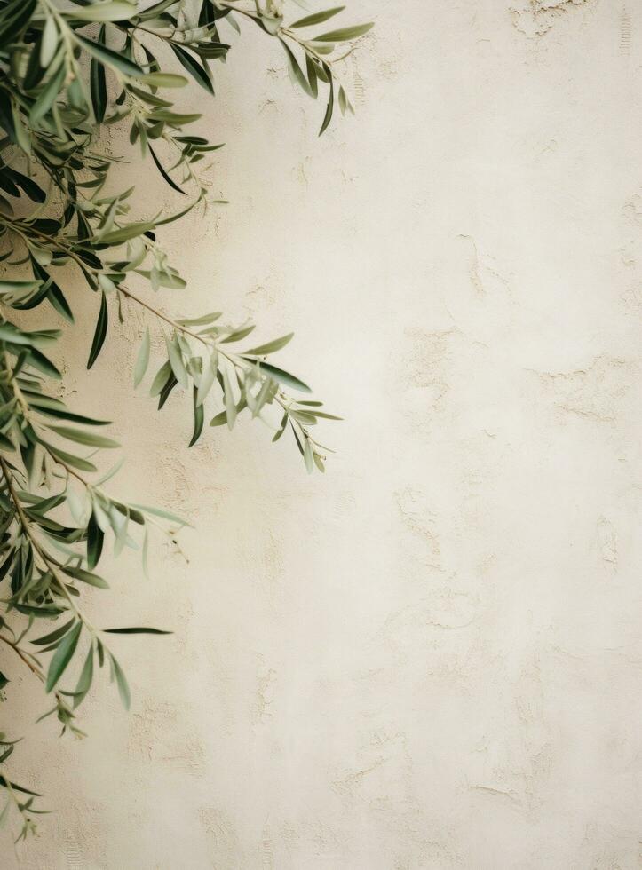 AI generated white chalk wall with green olive tree, photo