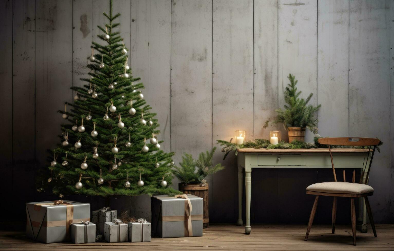 AI generated the christmas decor of a room with green christmas tree and wooden furniture, photo