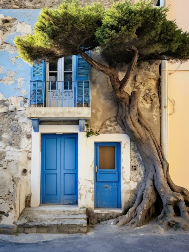 ai generado pequeño antiguo Roca casa con azul puerta y grande árbol en Génova foto