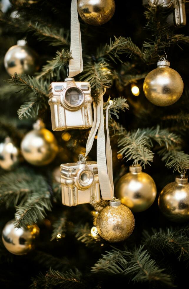 ai generado el dorado adornos colgando desde un Navidad árbol foto