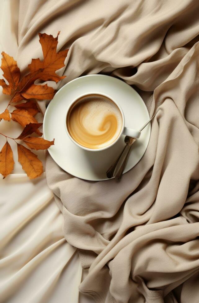 ai generado el taza de café y naranja hojas con el tejer suéter parte superior ver de el otoño temporada foto