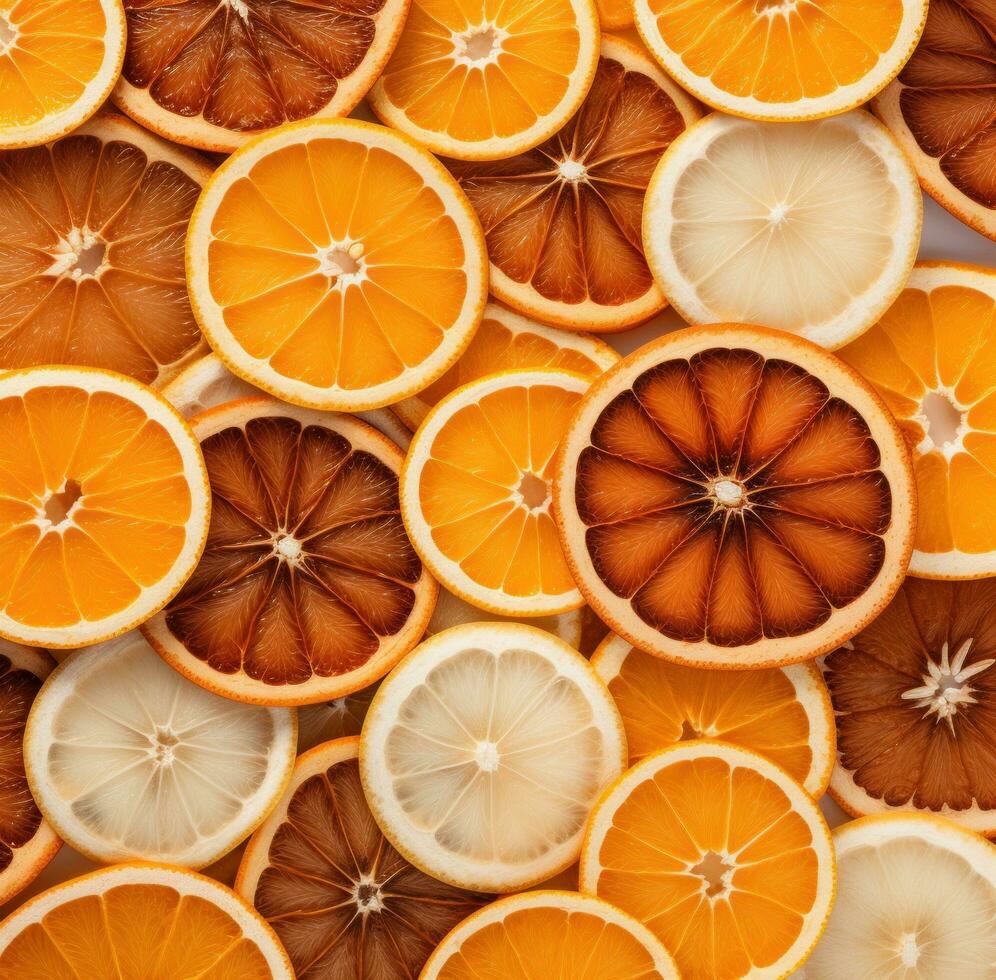 AI generated cut up pieces of orange on a white mat, back button focus, light yellow and white, focus stacking photo