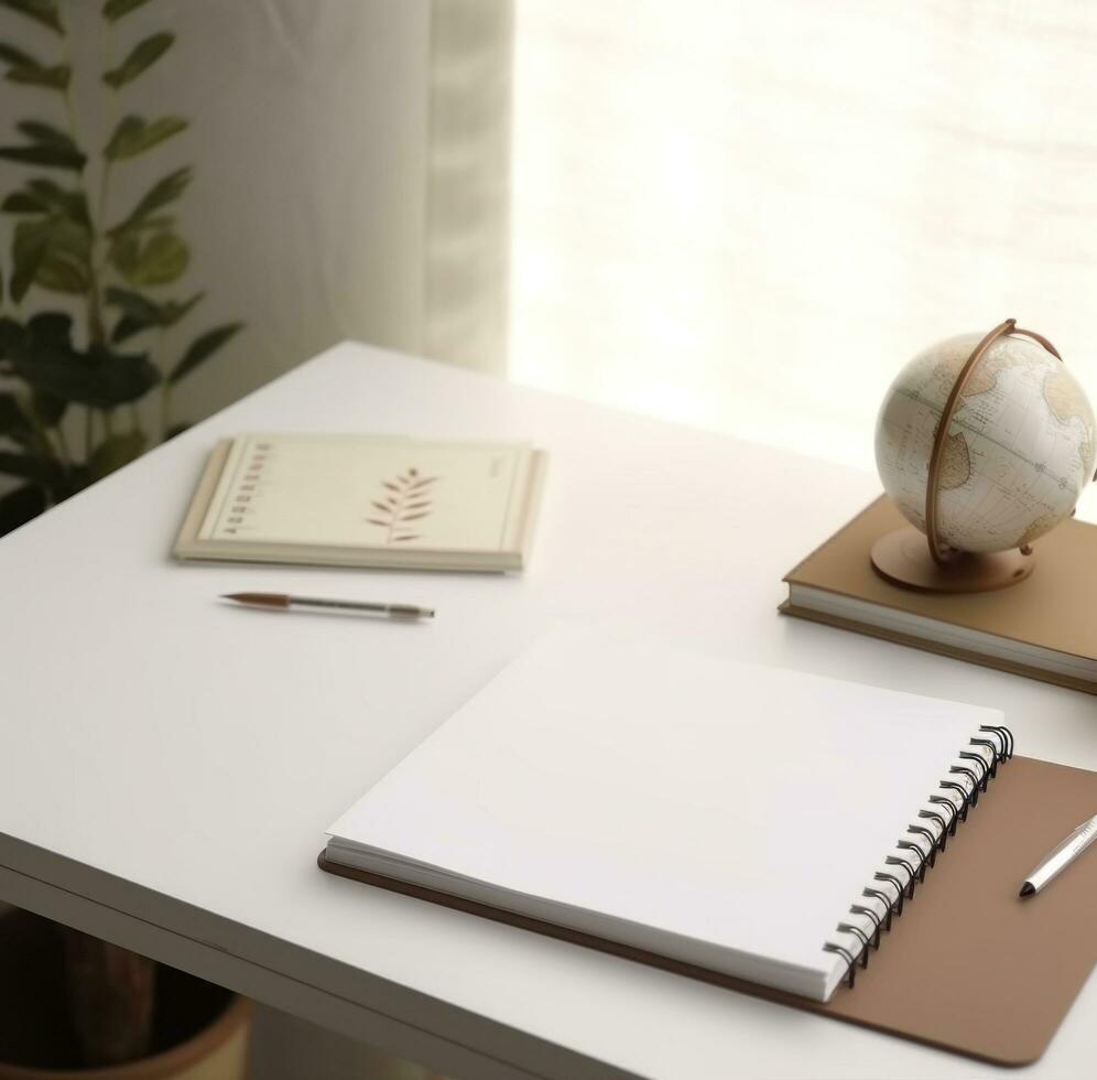 AI generated notebook pad on a white desk. photo