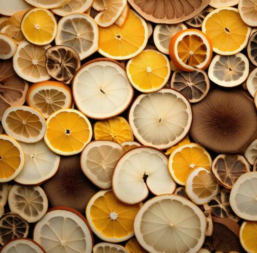 ai generado naranjas y limones cortar dentro rebanadas, foto