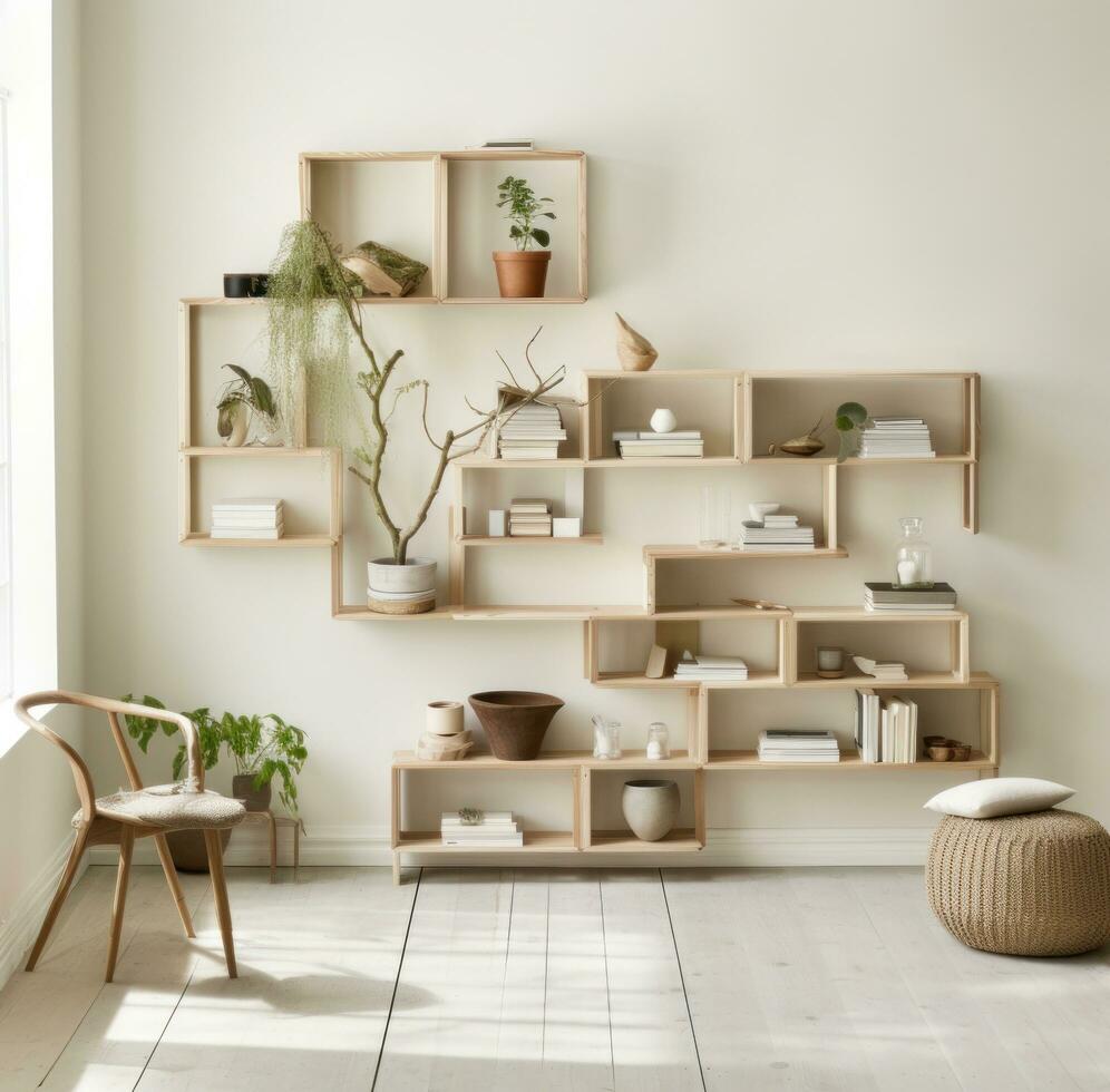 AI generated light wooden shelves photo