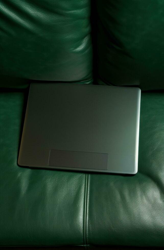 AI generated upright laptop on a green couch photo