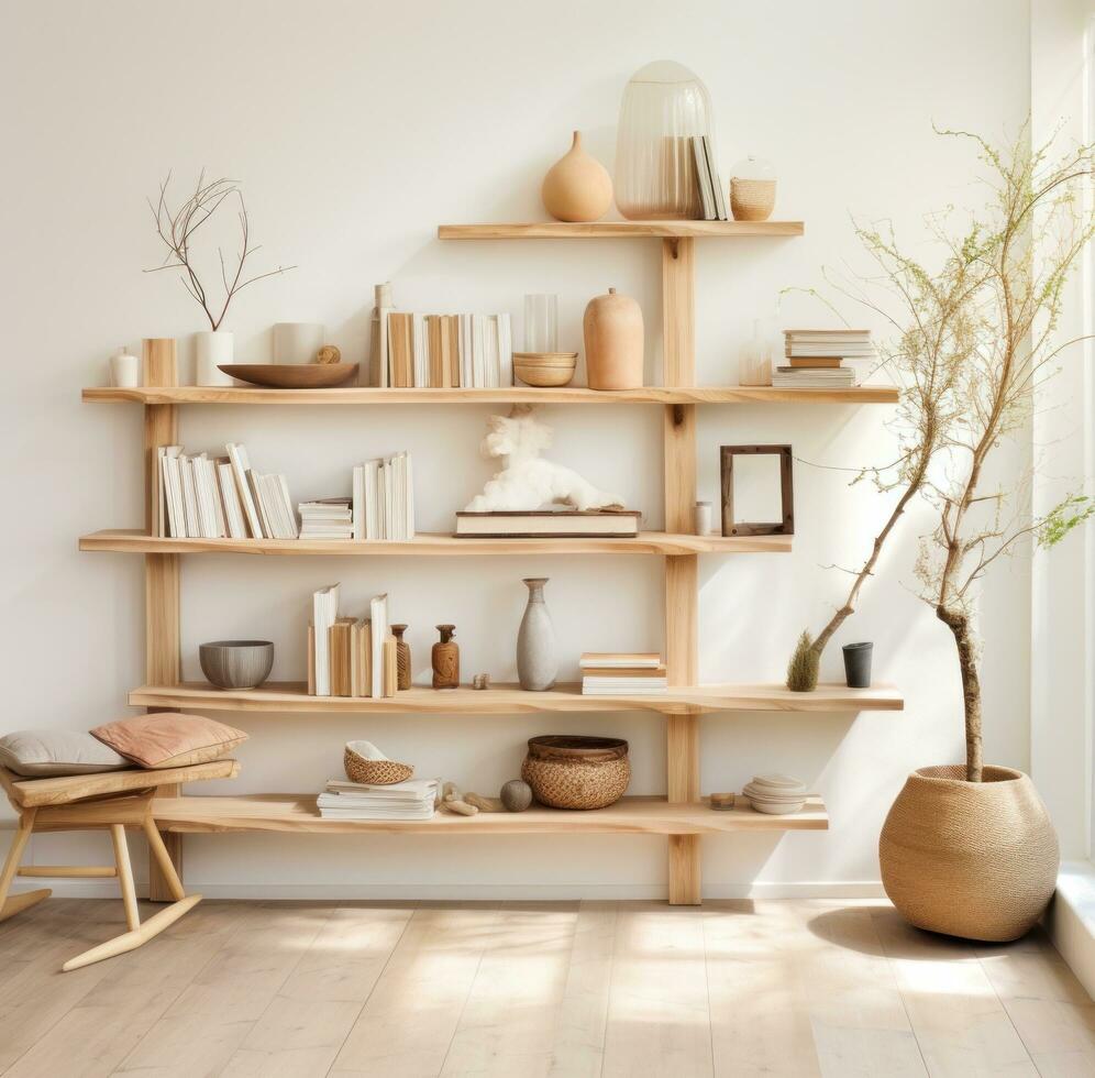 AI generated light wooden shelves photo