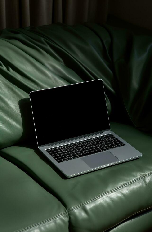 AI generated upright laptop on a green couch photo