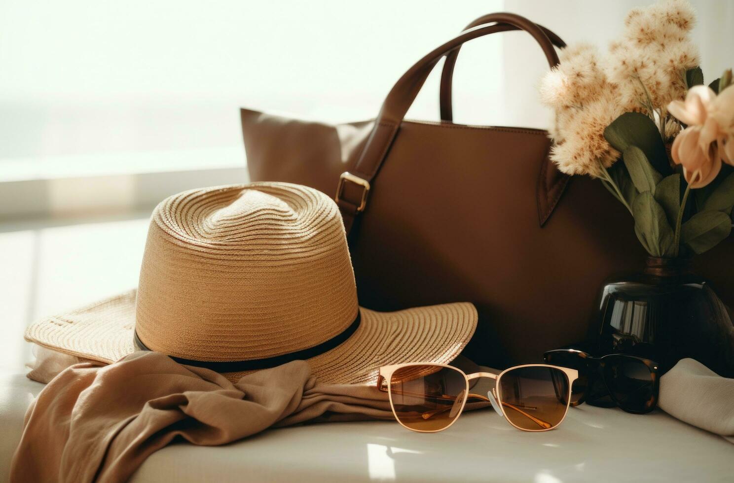 AI generated hat, sunnies, bag and sweater sit next to one another photo
