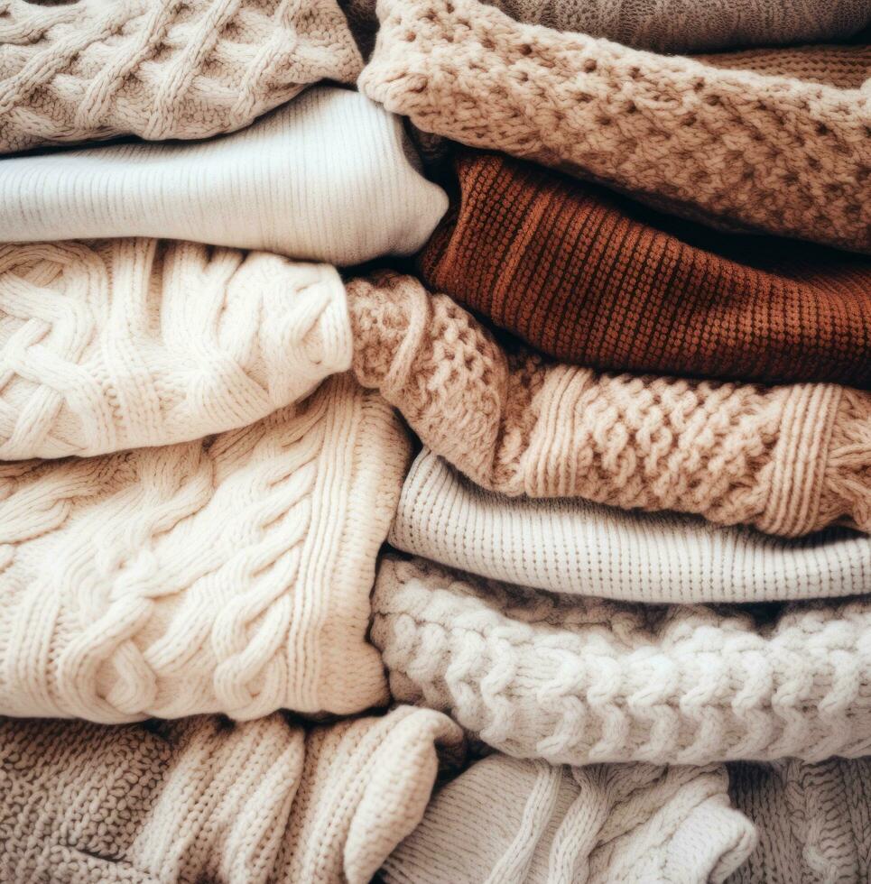 AI generated dozens of knit sweaters of different colors, photo