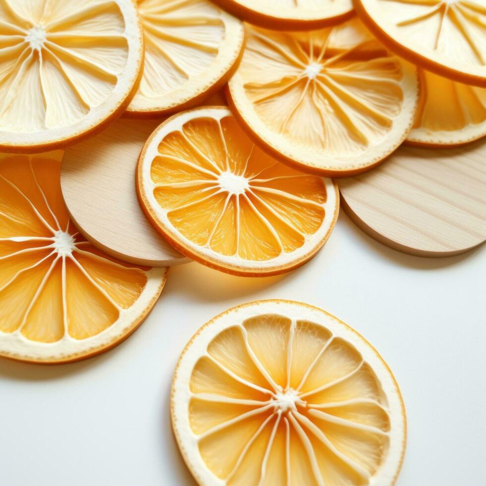 AI generated cut up pieces of orange on a white mat, back button focus, light yellow and white, focus stacking photo
