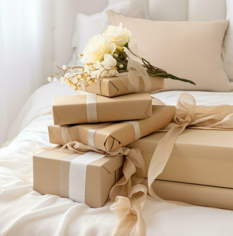 AI generated four gift boxes and crates on a bed with flowers and ornaments, photo