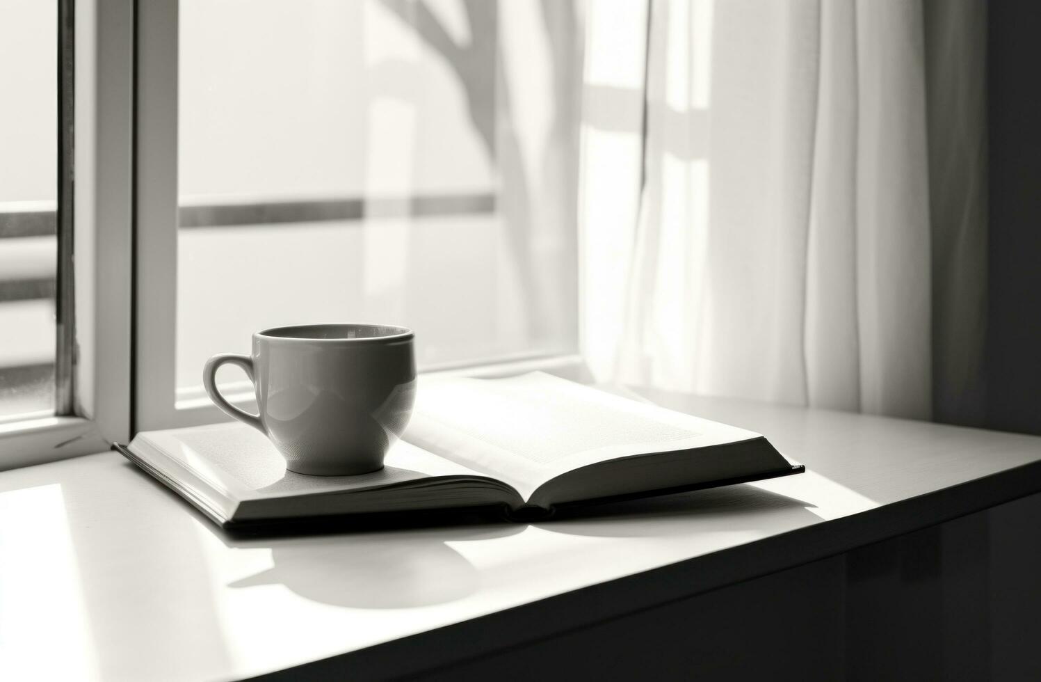 AI generated coffee and a book on a white table photo