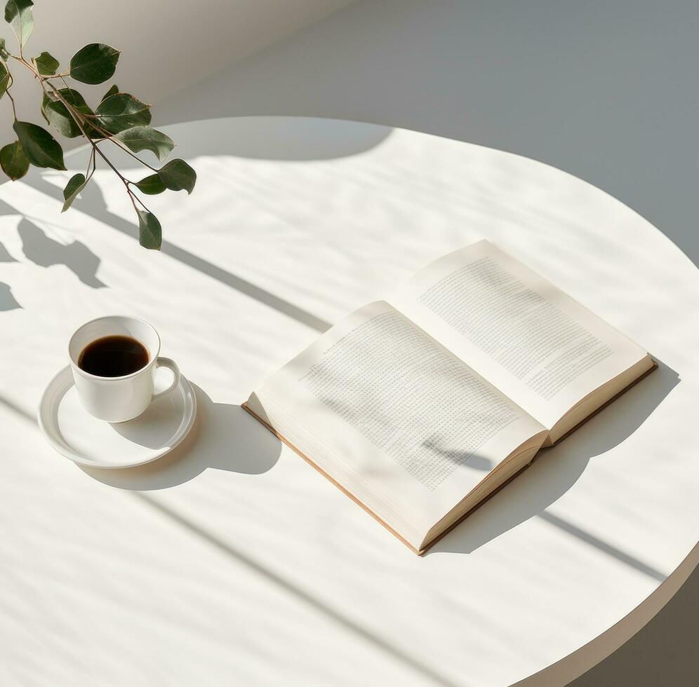 AI generated coffee and a book on a white table photo
