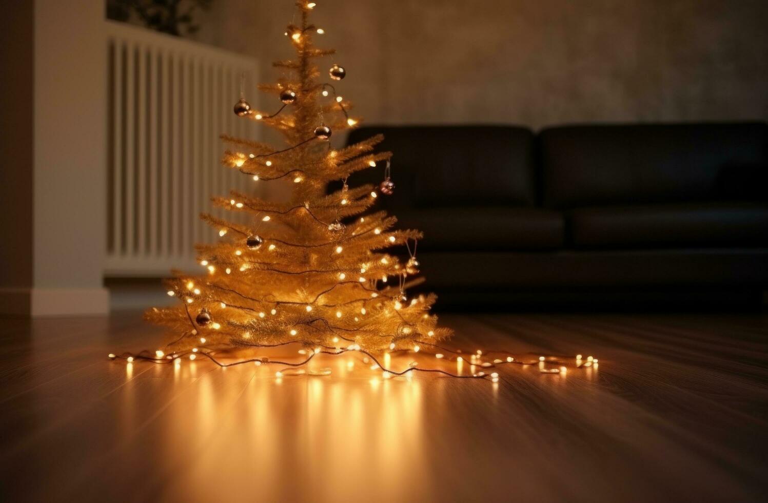 AI generated christmas tree with christmas lights on a floor photo