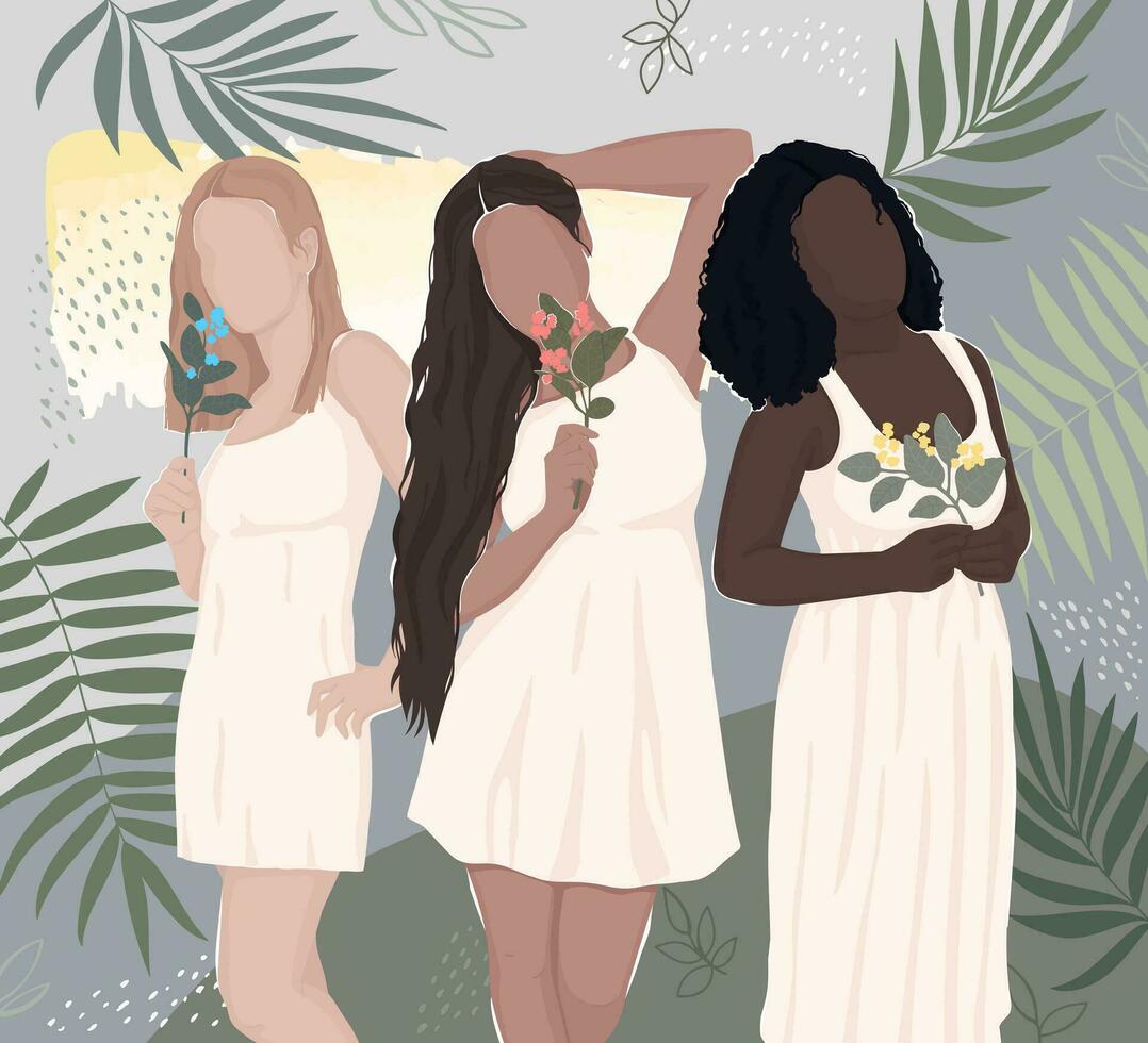 set of drawn women from different ethnic groups in white dresses hold flowers in their hands. vector modern flat illustration. isolated in layers. for postcard, poster, banner, magazine cover.