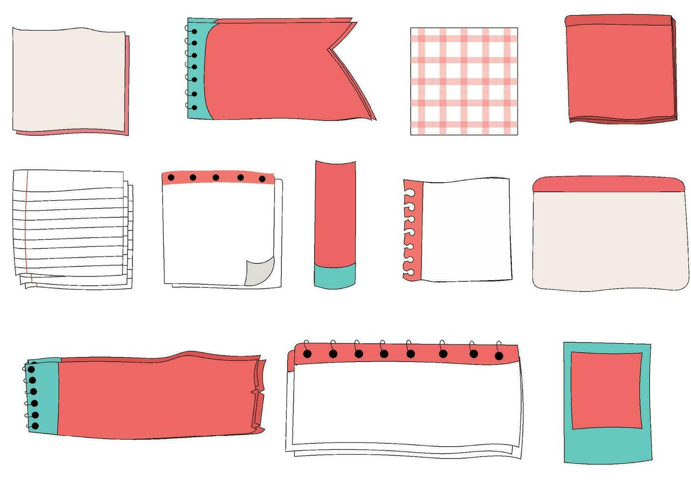 Paper note set.Blank notes with tape and stickers.Notebook collection with curled corners. Adhesive Note, vector