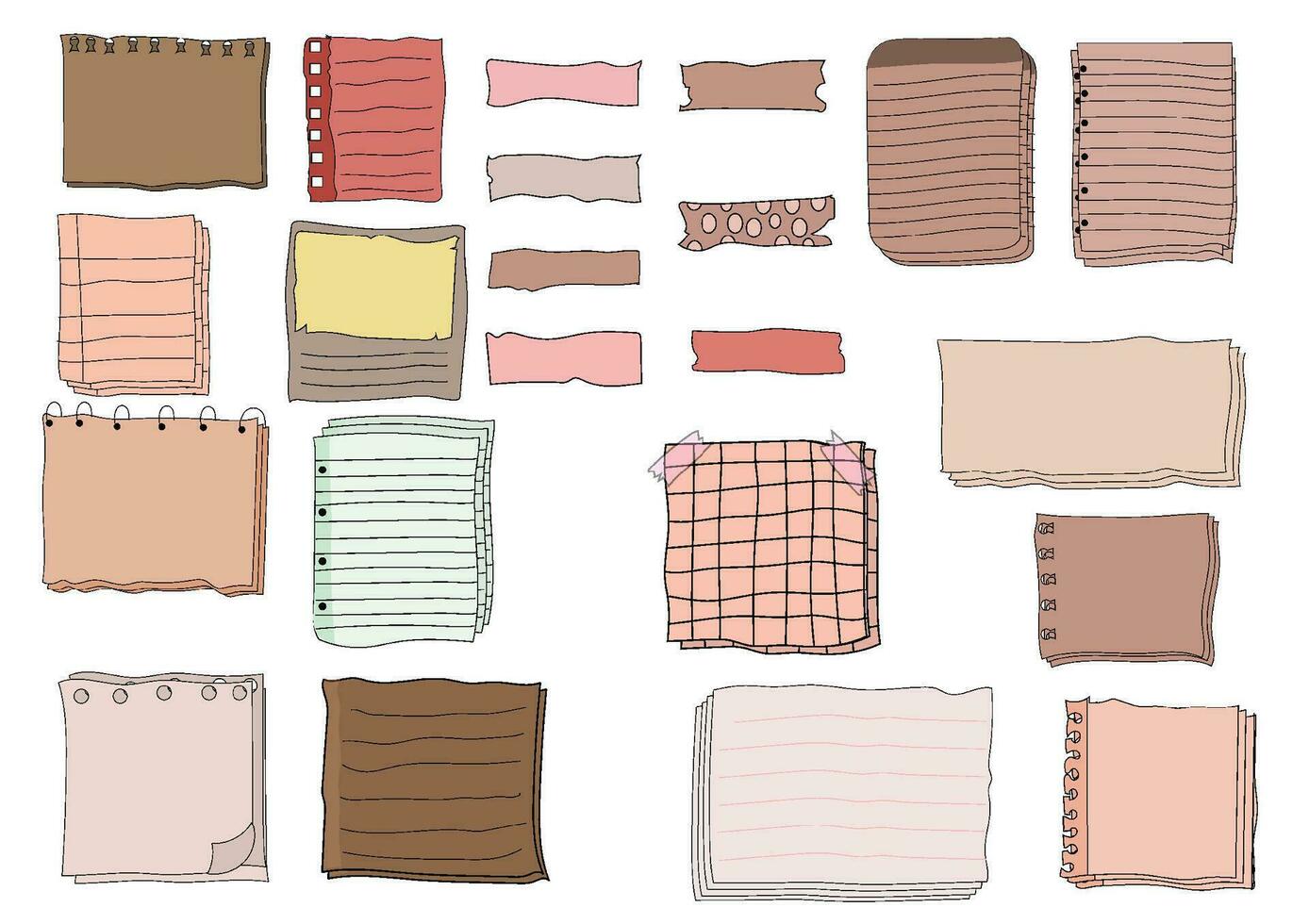 Paper note set.Blank notes with tape and stickers.Notebook collection with curled corners. Adhesive Note, vector