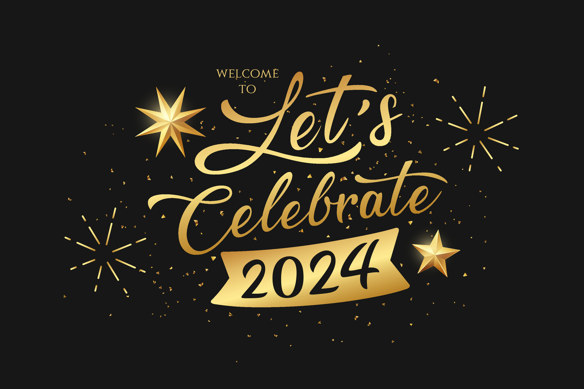 Let's celebrate 2024 new year, stars and firework gold color poster design on black background
