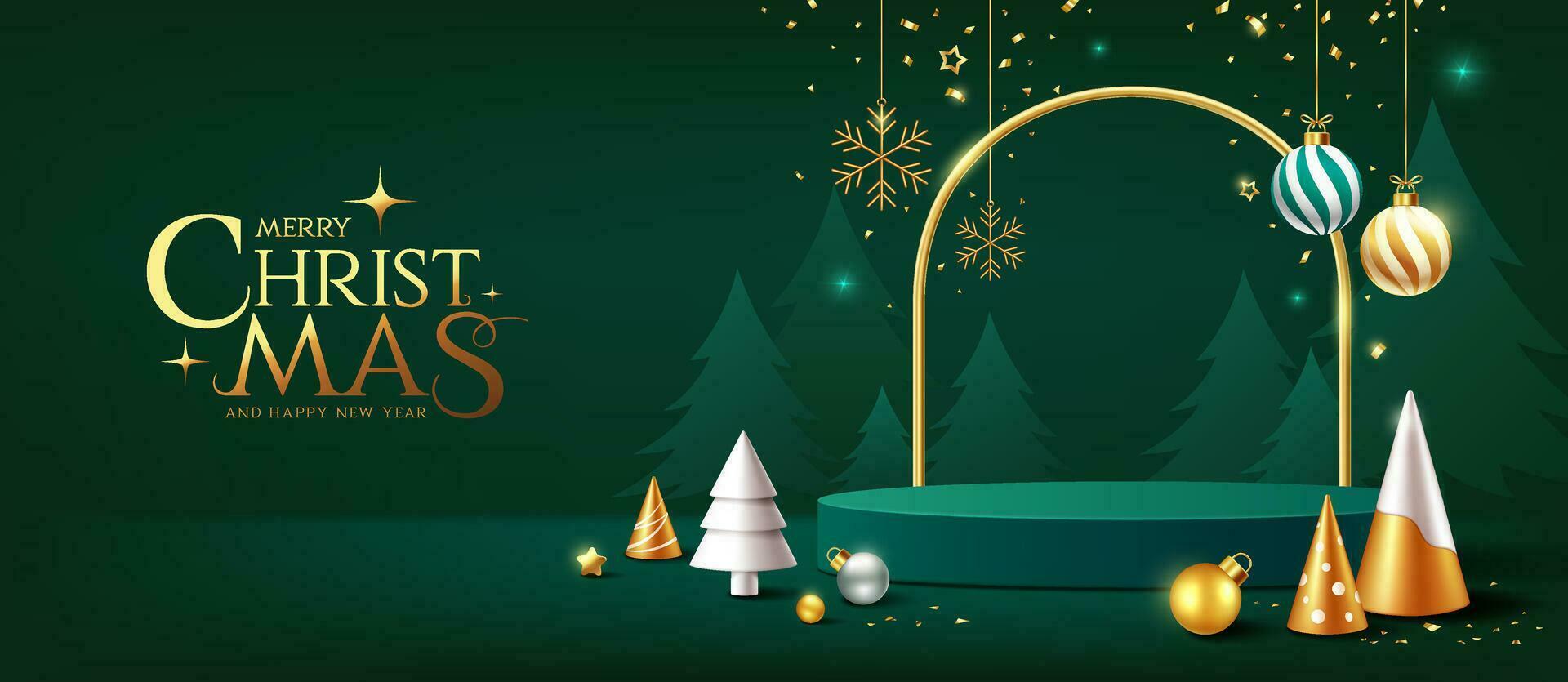 Merry christmas and happy new year, green podium display ornaments banners design on green background, EPS10 vector illustration