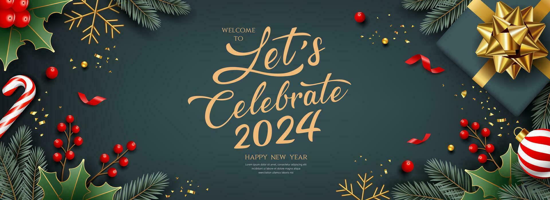 2024 Let's celebrate Merry christmas and Happy new year, banner greeting card design on dark gray background, Eps 10 vector illustration