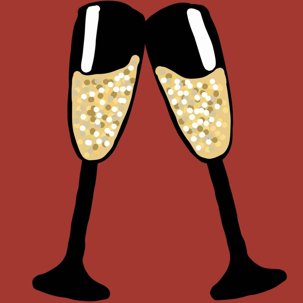 two glasses of champagne line art drawing in dark red vector