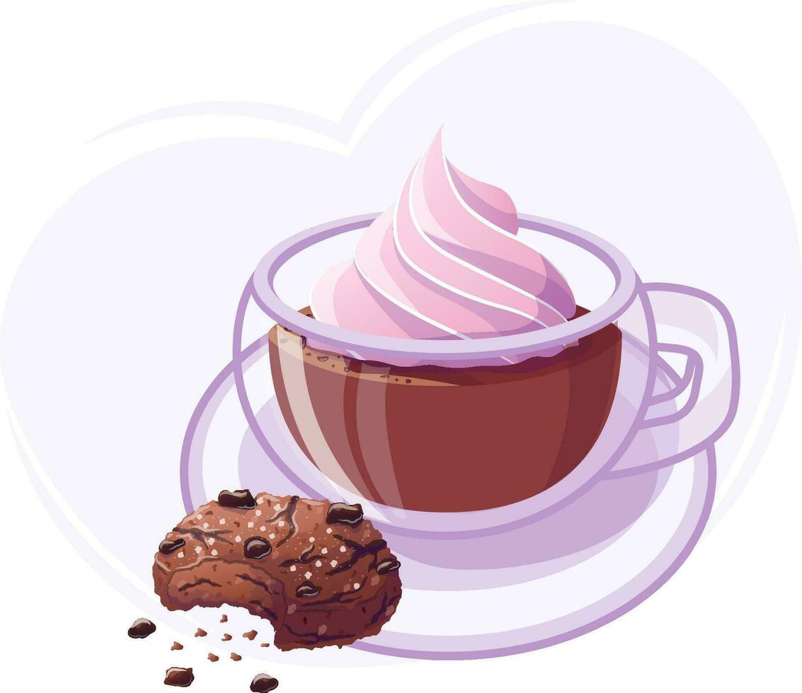 chocolate galletas y jarra con caliente cacao en dibujos animados estilo en púrpura antecedentes. vector ilustración para póster, bandera, sitio web, anuncio publicitario. vector ilustración con vistoso dulce postre.