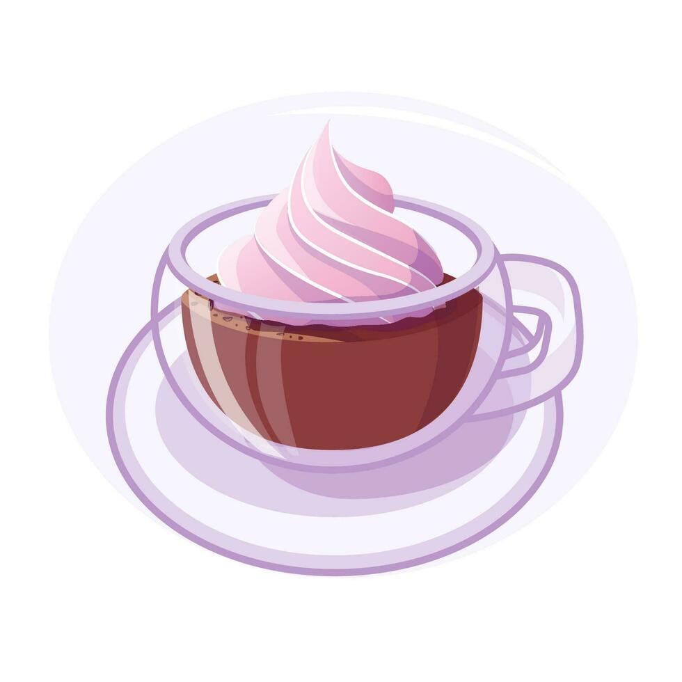 Hot chocolate or coffee, cocoa with whipped cream in a transparent mug, Vector illustration for poster, banner, flyer, advertisement, menu. Vector illustration